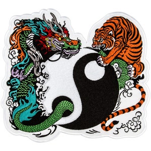 Grand écusson tigre et dragon, symbole de paix fantastique Yin Yang avec animal en colère, fer brodé/coudre