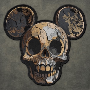 Grand écusson brodé tête de mort avec oreilles de souris – Applique thermocollante gothique foncé à coudre pour vestes de motard, streetwear, déco cosplay d'Halloween