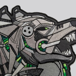 Large Cyber Wolf Patch, Biker Back Jacket Mechanical Wolf Emblem, Embroidered Iron / Sew On in 2 sizes