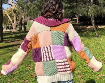 Harry Styles Inspired Cardigan, y2k Style Jacket,  Color Block Patchwork Cardigan, Knit Rainbow Sweater, Colorful Oversized Cardigan