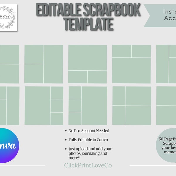 12x12 Canva Editable Scrapbook Templates | Scrapbooking Template | Canva Digital Photo Collage | Editable & Customizable | Digital Scrapbook