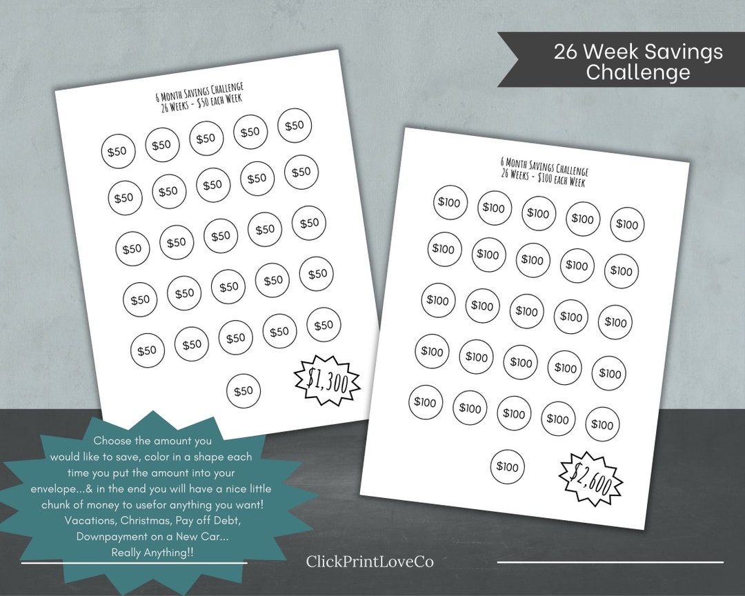 26 Week Savings Challenge Printable Savings Challenge - Etsy