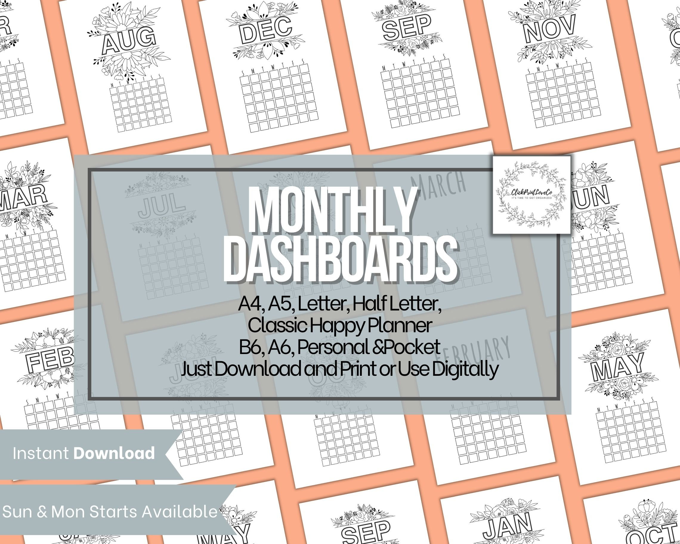 Monthly Dashboards Printable, Monthly Dashboard, Planner Dividers, Monthly Printable, Printable ...