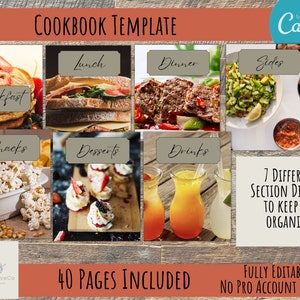 Modelo de livro de receitas, modelo de livro de receitas editável, e-book de receitas para impressão, modelos Canva, planejador de refeições, fichário de livro de receitas