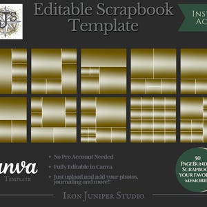 May include: A digital scrapbook template with a gold gradient design. The image includes the text "Editable Scrapbook Template", "Canva Template", and "Instant Access". It also mentions "50 Page Bundle!! Scrapbook Your Favourite Memories".