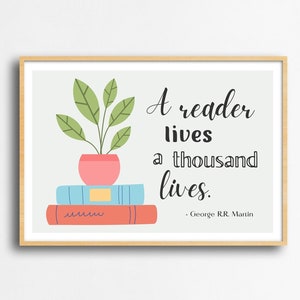 Un lector vive un cartel de citas de mil vidas, libros de plantas de aula boho, cartel de la biblioteca de la escuela secundaria primaria de motivación imprimible