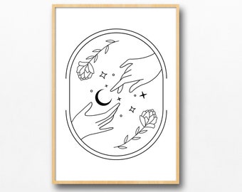 以下が含まれることがあります： 白い背景に黒い線画が描かれた額装アートプリント。中央の三日月に向かって伸びる二つの手と、その周囲に散りばめられた小さな星、点、そして楕円形の枠内に描かれた二本の花の茎がデザインされています。
