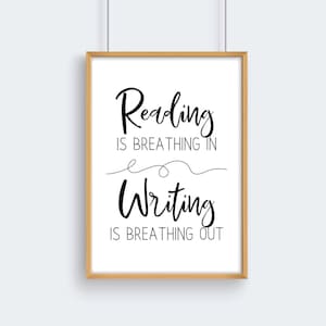 Reading is Breathing in Writing is Breathing out Quote Poster, Motivational Classroom Library, Elementary, Middle, High School Art Printable