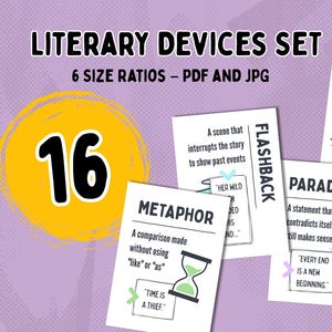 以下が含まれることがあります： 「Literary Devices Set」と題された教育用ポスターのセットで、16種類の文学的デバイスが掲載されています。ポスターは白地に黒い文字とイラストで、猫、蝶、砂時計などが描かれています。セットにはPDFとJPG形式が含まれています。