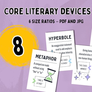 Op de afbeelding: Een set met basis literaire middelen bestaande uit educatieve kaarten met definities en voorbeelden voor termen zoals metafoor, hyperbool, personificatie en idioom. Bevat 6 beeldverhoudingen in PDF en JPG en een lijst van 8 inbegrepen onderdelen.