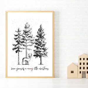 A Merry Little Christmas Quote Reindeer Woodland Sketch Scandi Cottagecore Printable, Minimal Winter Holiday Snow, Red Accent, Home Decor