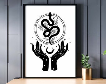 Celestial Mystic Snake Moon Stars Botanical Print, Femme Boho Aesthetic Decor, Witch, Magic, Vintage, Minimalist Line Art, Digital Printable