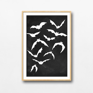 Halloween Flying Bats Chalk Art Print, Spooky Scary Haunted Decor, October Fall Autumn, Black White Decor, Witch Magic Dark Art, Printable