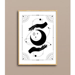Celestial Mystic Moon Stars Zodiac Print, Femme Boho Witch Aesthetic Decor, Magic Vintage Tarot Print, Minimal Line Art, Download Printable