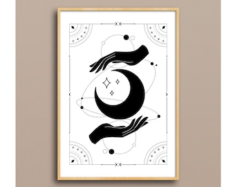 Celestial Mystic Moon Stars Zodiac Print, Femme Boho Witch Aesthetic Decor, Magic Vintage Tarot Print, Minimal Line Art, Download Printable