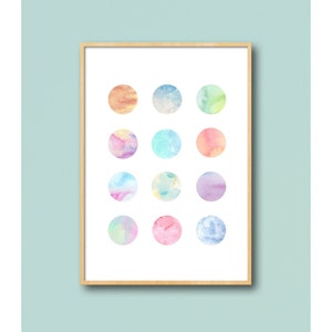 Multicolor Pastel Polka Dot Geometric Circle Grid Print, Watercolor Abstract Modern Art, Nursery, Office, Bedroom Decor, Download Printable