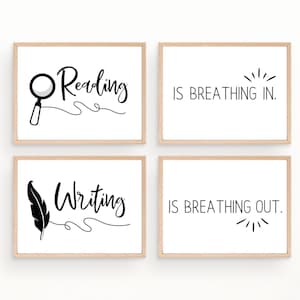 May include: Four rectangular wall art prints in light wood frames. The first print shows a magnifying glass icon and the text Reading. The second print says IS BREATHING IN. The third print features a feather quill icon and the text Writing. The fourth print says IS BREATHING OUT.
