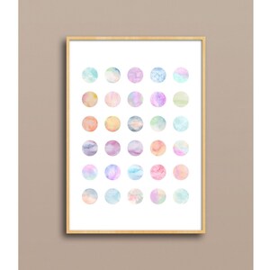 Multicolor Pastel Polka Dot Geometric Circle Grid Print, Modern Watercolor Abstract Art, Nursery, Office, Bedroom Decor, Download Printable