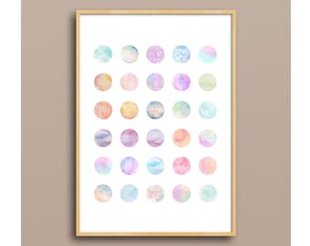Multicolor Pastell Polka Dot geometrische Kreis Gitter Druck, moderne Aquarell abstrakte Kunst, Kinderzimmer, Büro, Schlafzimmer Dekor, Download printable