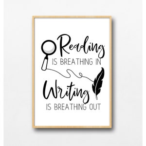Reading is Breathing in Writing is Breathing out Quote Poster, Classroom Kids Library, Quill, Elementary, Middle, High School Art Printable
