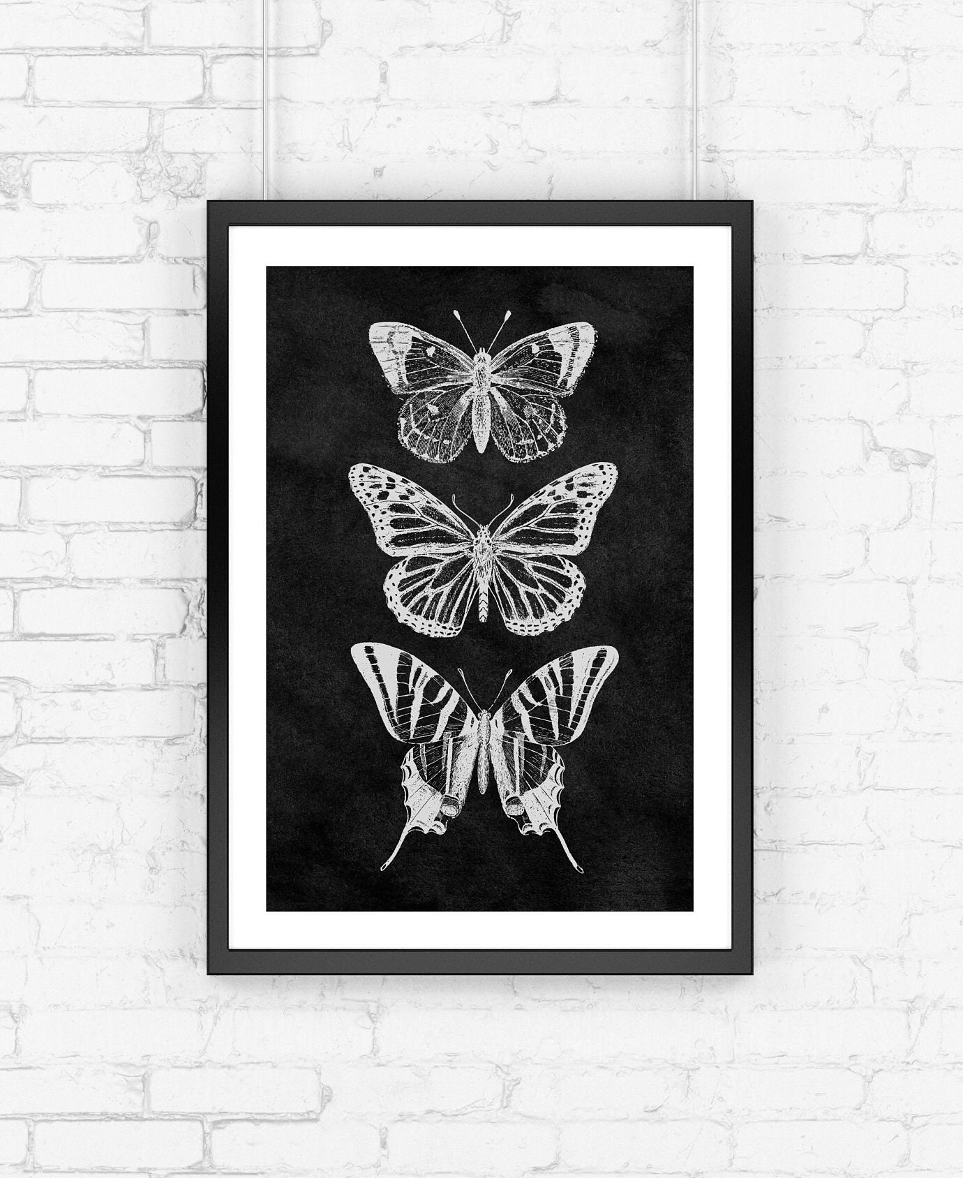 Butterflies Trio Sketch Chalk Art, Minimal Mystic Cottagecore Aesthetic, Femme Boho Witchy Print, Vintage Pinned Apothecary Magic Printable