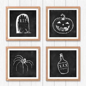 Halloween Chalk Sketch Square Prints Set of 4, Pumpkin, Spider, RIP Tombstone, Poison, Spooky Fall October Cute Black White Decor Printables