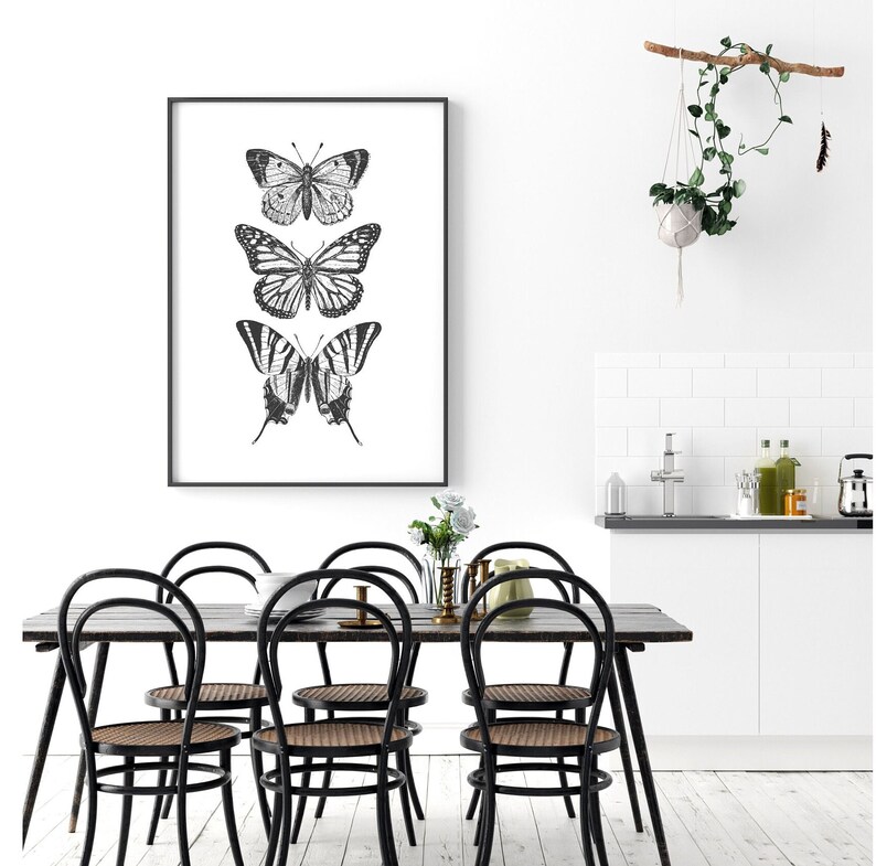 May include: Black and white framed print of three butterflies with a white background. The butterflies are arranged vertically, with the largest butterfly at the top and the smallest butterfly at the bottom.