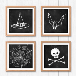 Halloween Chalk Sketch Square Print Set of 4, Witch Hat, Spider Web, Bat, Skull Bones, Spooky Fall October Cute Black White Decor Printables