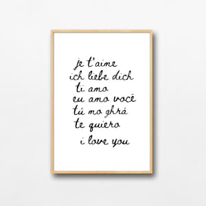 Kocham Cię w Różnych Językach Lista Cytatów, Romantyczna Typografia Kursywna, Francuski, Niemiecki, Włoski, Hiszpański, Portugalski, Irlandzki Do Wydruku