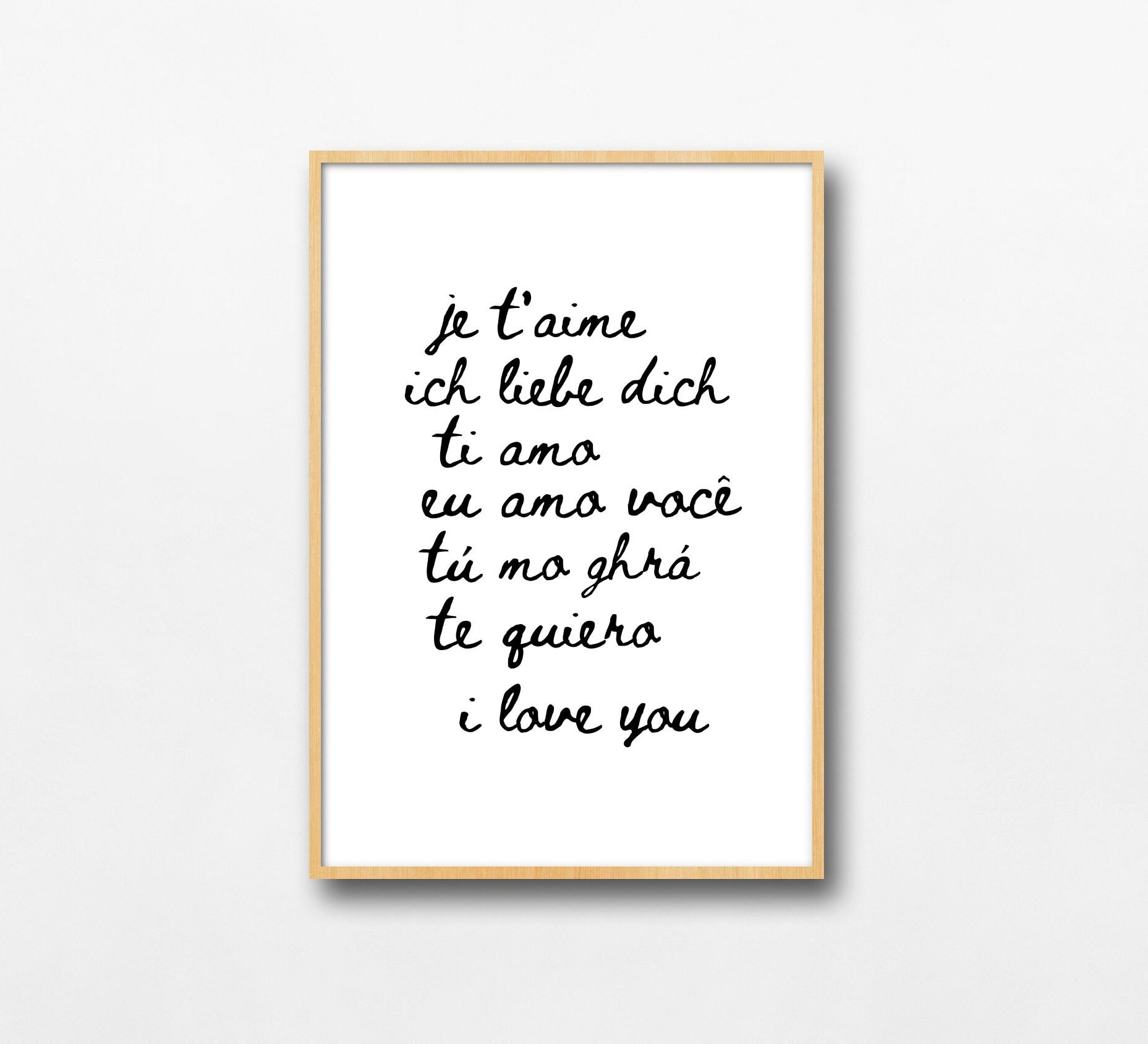 I Love You in Different Languages List Quote, Romantic Ink Cursive Typography, French, German, Italian, Spanish, Portuguese, Irish Printable