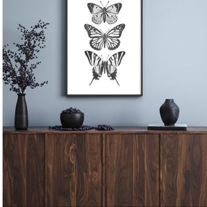 May include: A black and white framed print of three butterflies on a white background. The butterflies are arranged vertically, with the largest butterfly at the bottom. The print is hanging on a light blue wall above a dark brown wooden cabinet.