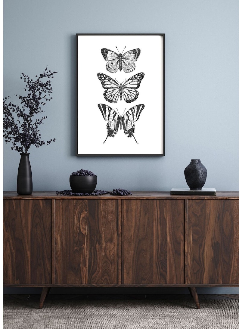 May include: A black and white framed print of three butterflies on a white background. The butterflies are arranged vertically, with the largest butterfly at the bottom. The print is hanging on a light blue wall above a dark brown wooden cabinet.