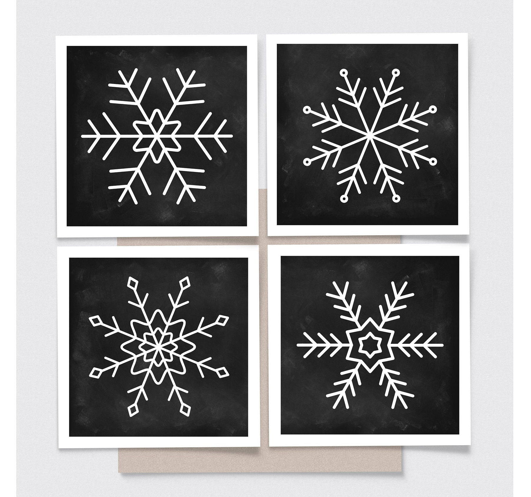 Snowflake Variation Chalk Art Square Set of 4, Minimal Scandi Christmas ...