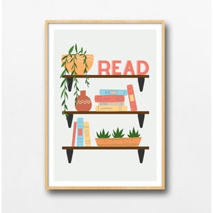 May include: A light blue background with a wooden shelf with the word "READ" in pink letters. The shelf has a potted plant, a vase, and a stack of books. The shelf is on a light blue background.