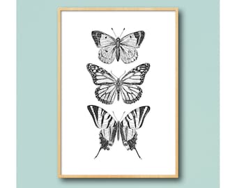 Butterfly Sketch Trio, Minimal Ink Line Art Drawing, Celestial Mystic Apothecary Moth, Aesthetic Cottagecore Vintage Boho Style, Printable
