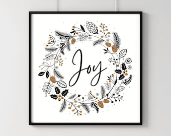 Joy Christmas Wreath Quote Scandi Cottagecore Printable, Modern Black and Gold Holiday Winter Snow Decor, Botanic Branches Berries Line Art