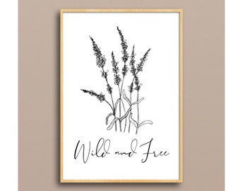 Minimalist Wild and Free Quote Line Art, Boho Botanic Wildflower Sketch Free Spirit Hippie Decor, Nursery, Kids, Dorm, Home, Printable