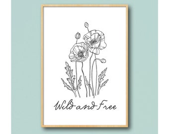 Minimalist Wild and Free Quote Wildflowers Line Art, Boho Soul Botanic Organic Aesthetic Ink Sketch, Free Spirit Travel Wanderlust Printable