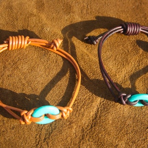Turquoise Leather Bracelet - Genuine Leather Bracelet - Turquoise Ring Donut Stone - Authentic Turquoise Stone - Adjustable Leather Bracelet