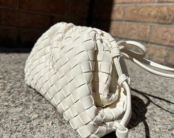 Summer Clutch Bag, Leather Clutch Bags, Faux Leather Clutch, Soft Woven Pouch Bag, Her Birthday Gift White Leather, Woven Knot Dumpling Bag