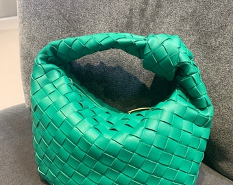 Green Evening Bag- Knot Bag- Hobo Bag- Trendy Handbag- Wedding Guest Purse- Vegan Leather Clutch- Minimalist Women Handbag- Woven Purse