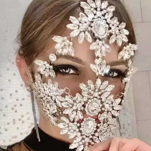 Crystal Face Mask Women Halloween Mask Rhinestone Masquerade Etsy