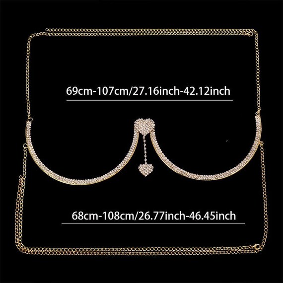 Bling Rhinestone Love Heart Chest Chain Harness Bra Necklace Para