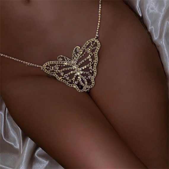 Rhinestone Butterfly Thong Panties Woman Underwear Bling Crystal