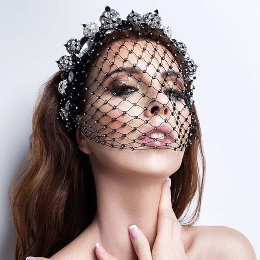 Mesh Headband Veil Crystal Black Face Net Mask Holloween Mask Hair