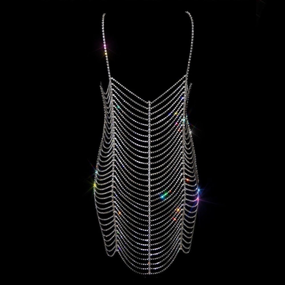 Rhinestone Bodysuit Dress Women Top Summer Bikini Rave Body Chain Harness Body  Jewelry -  Hong Kong
