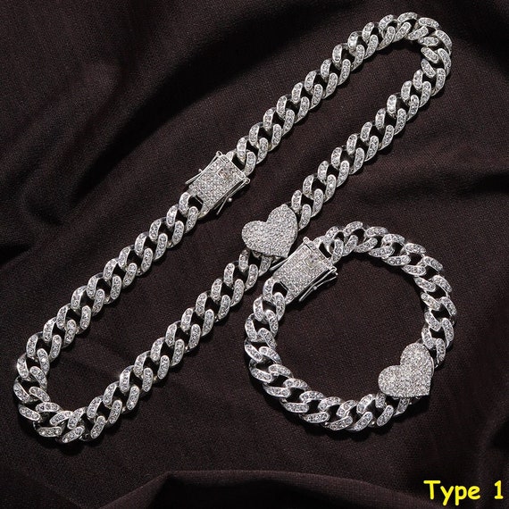 Heart-shaped Cuban Link Bracelet Iced Women Men Necklace Chain - Etsy