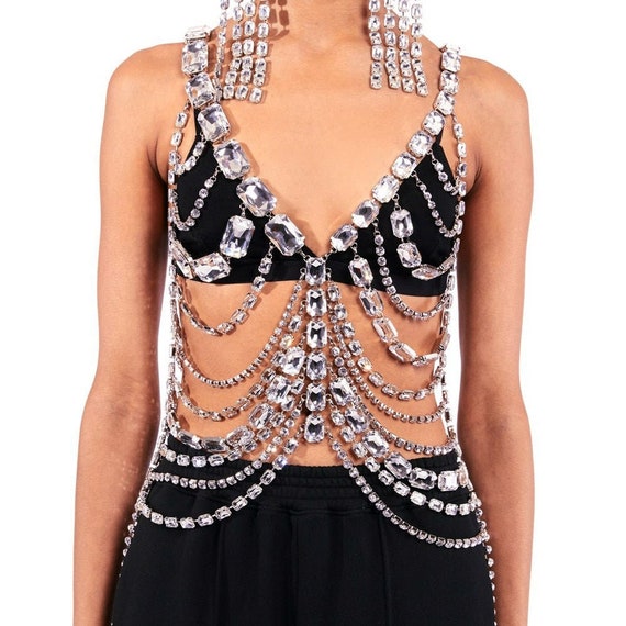 Rhinestone Body Chain Lingerie Body Jewelry Halloween Costume Crystal Chest  Chain Bra 