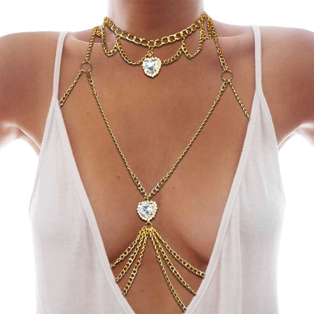 Sexy Sparkling Rhinestone Bra Heart Shaped Body Chain Heart Chest Jewelry  Hollow Out Gold Crystal Chain Necklace Bikini Bra Gift