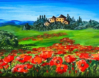 Paysage Toscane Coquelicots Peinture Art original